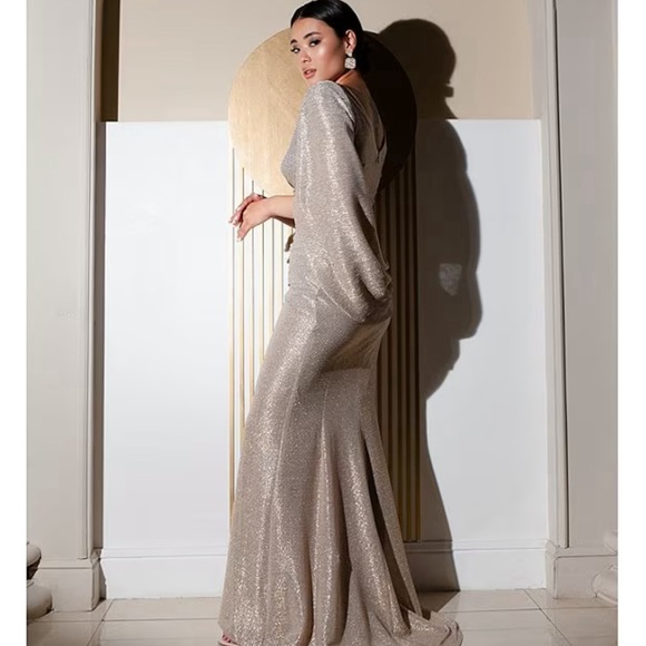 Betsy Adam Gold Drape Back Detail Sleeve Round Neck Metallic Crinkle Ruched Gown - Picture 3 of 9